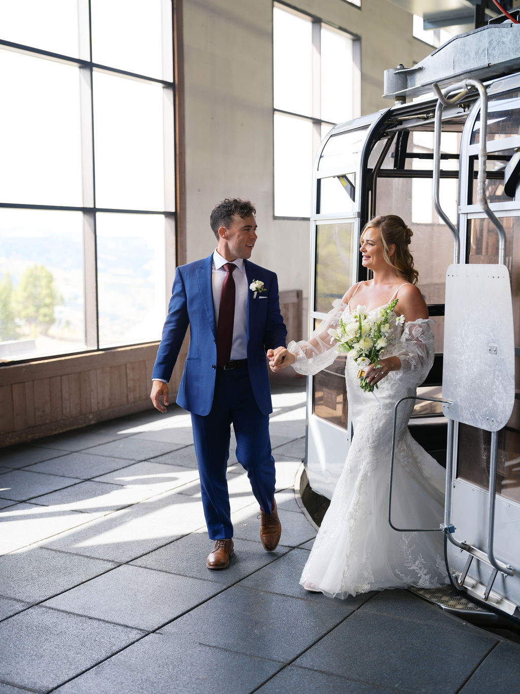 Couple Exiting Gondola on WEdding Day at The 10th Vail