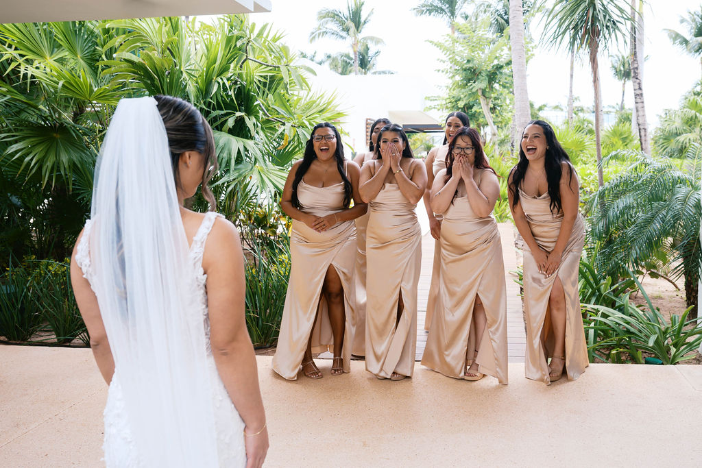 First Look with Bridesmaids at Cancun Wedding